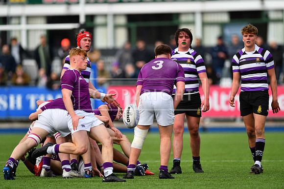Clongowes scrumhalf Tom Murtagh clears his lines.
