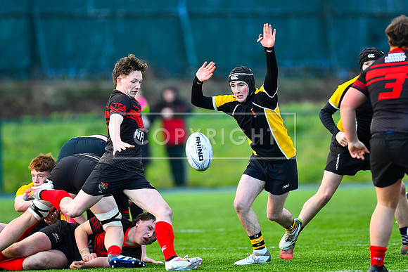 Kildare Town CS scrumhalf Ryan Murphy with the box kick.