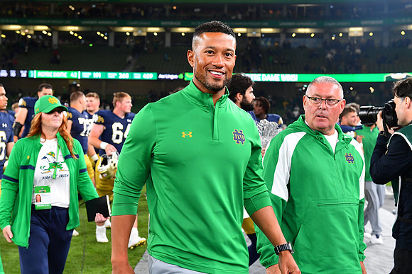 Notre Dame Coach Marcus Freeman at the end of the game.