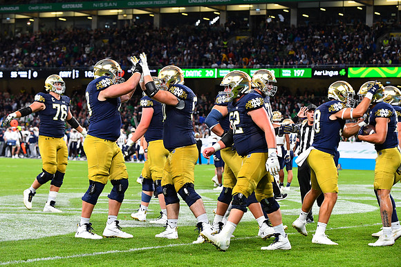 Notre Dame celebrate Jayden Greathouse's touchdown.